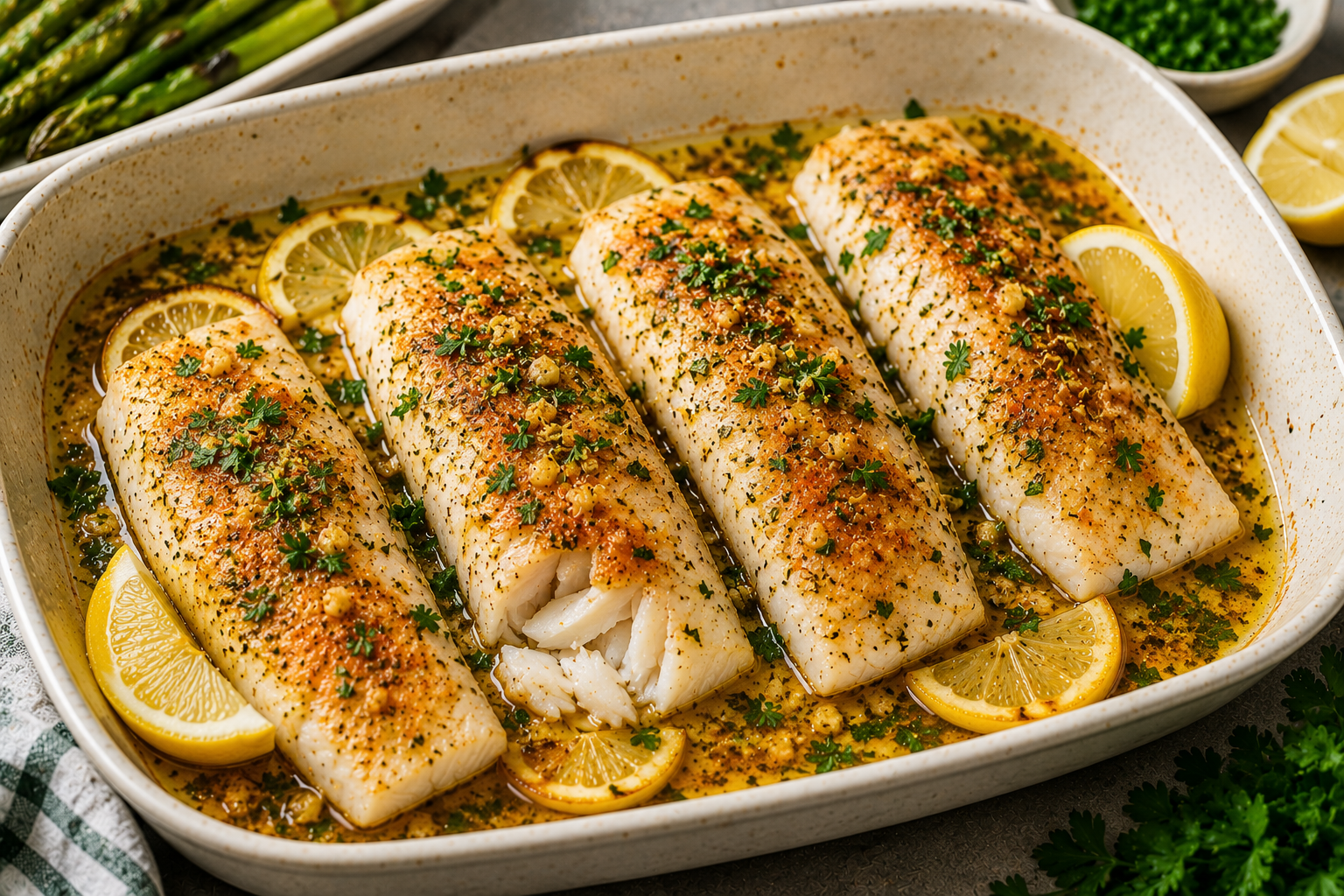 Healthy baked cod with lemon garlic parsley and herbs