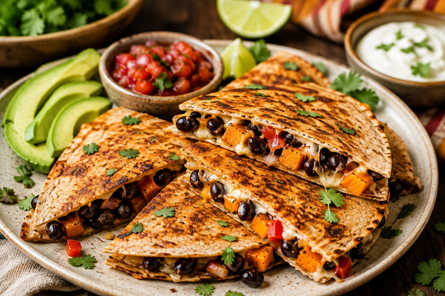 Healthy black bean and sweet potato quesadillas with avocado and salsa