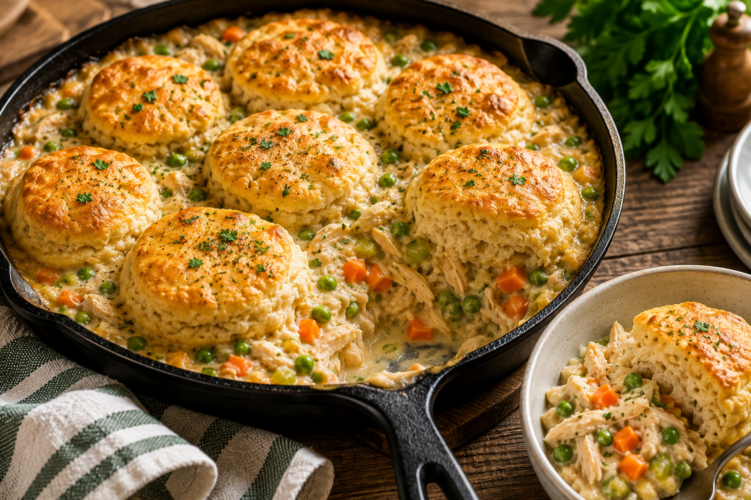 Healthy chicken pot pie skillet with golden biscuits