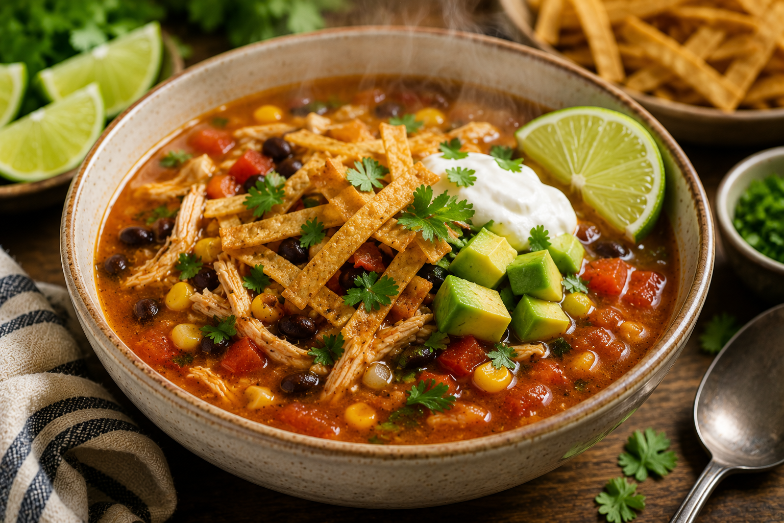Healthy chicken tortilla soup with black beans corn and avocado