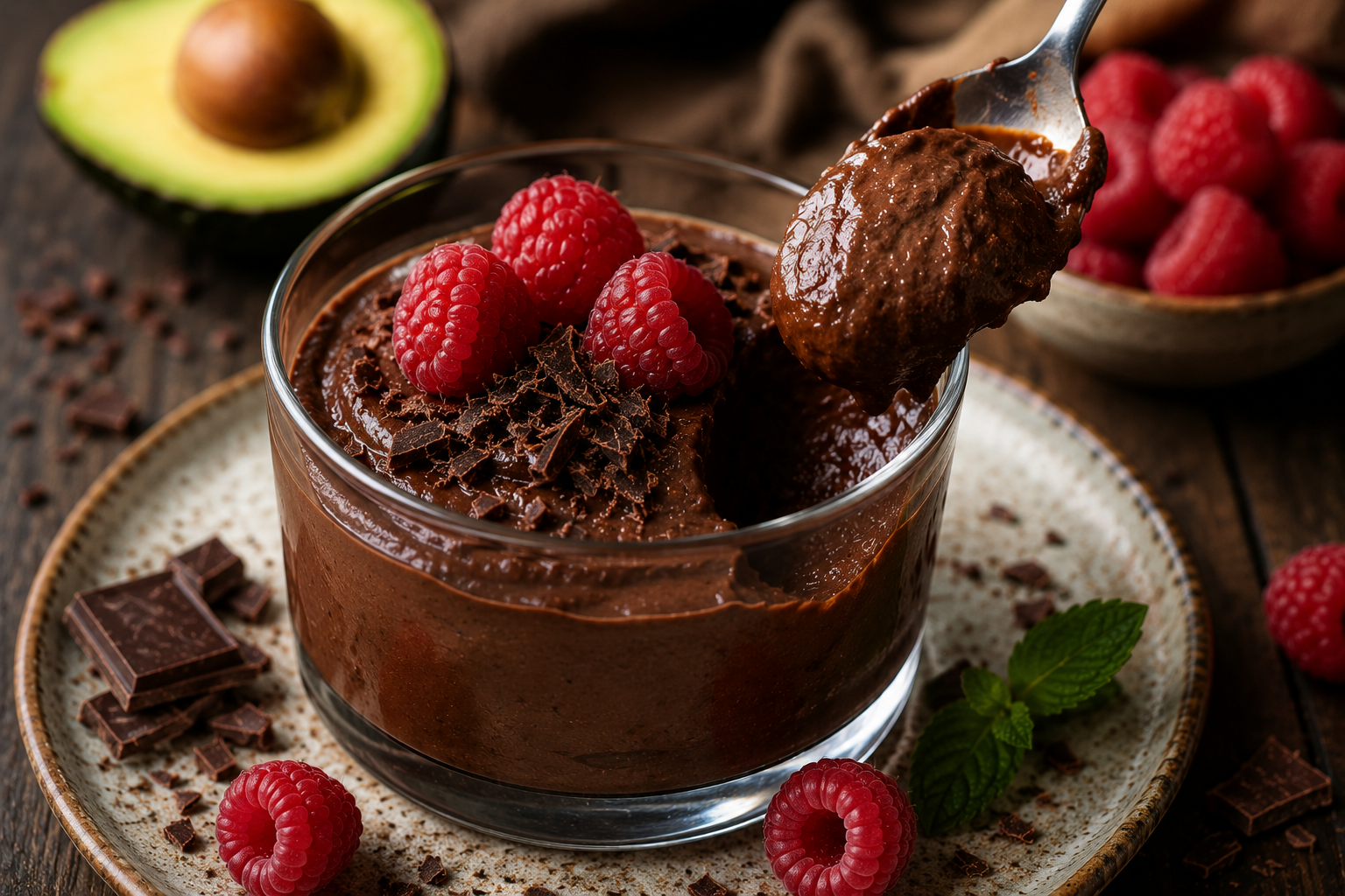 Healthy chocolate avocado pudding with raspberries and dark chocolate