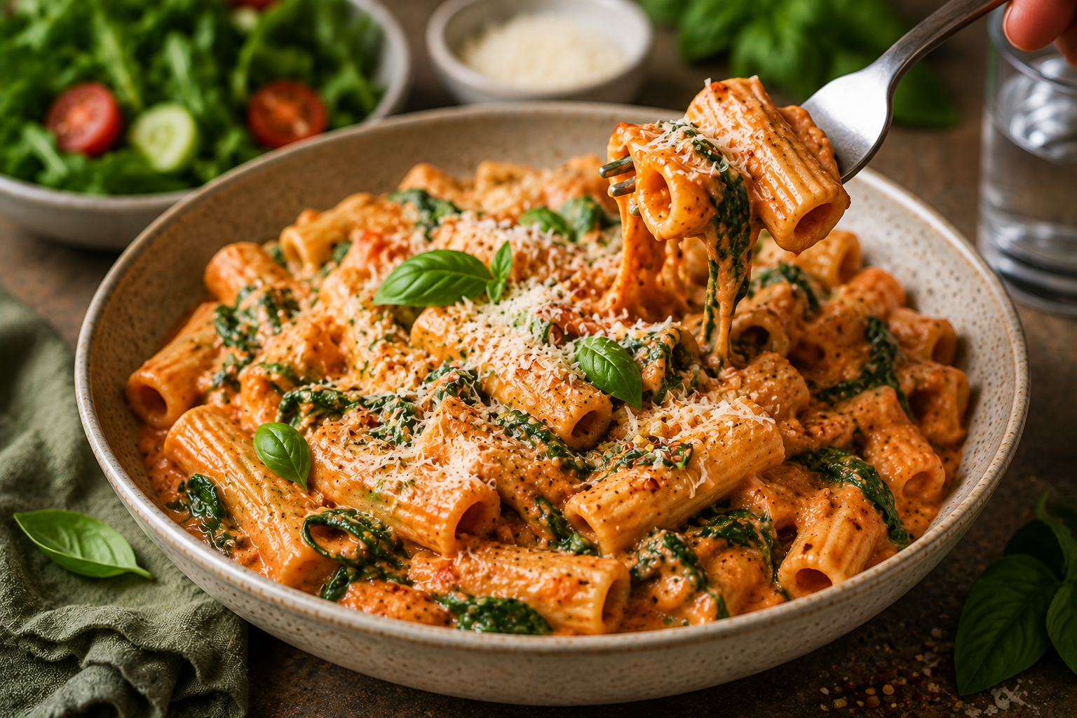 Healthy creamy tomato spinach pasta with Parmesan and fresh basil
