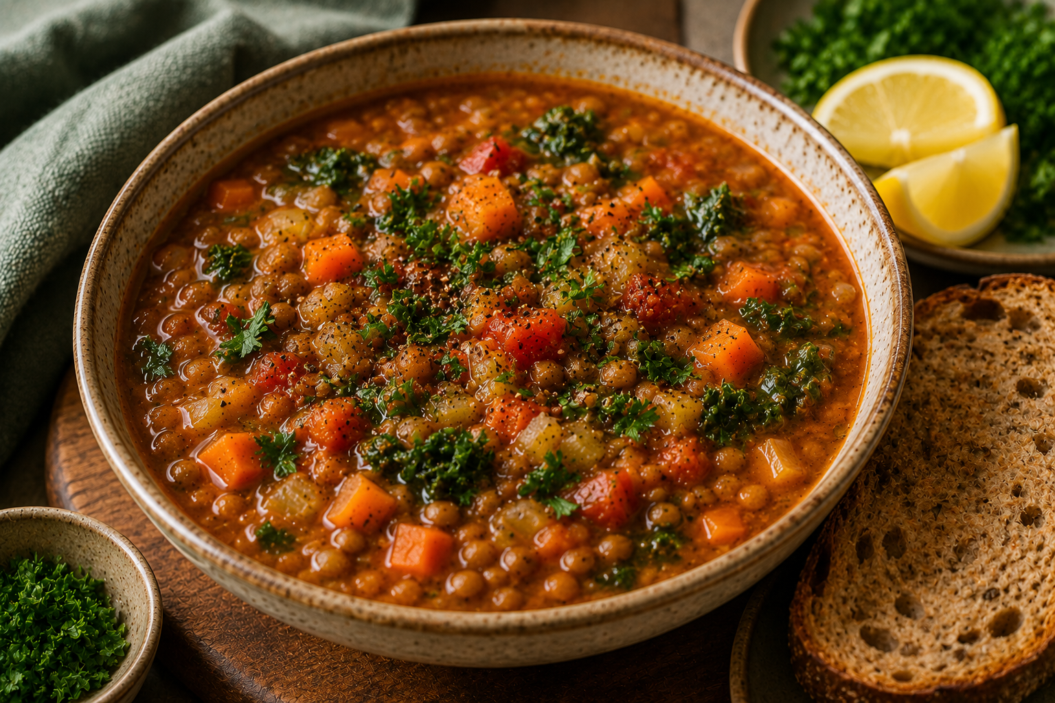 Healthy lentil soup with vegetables kale and fresh parsley