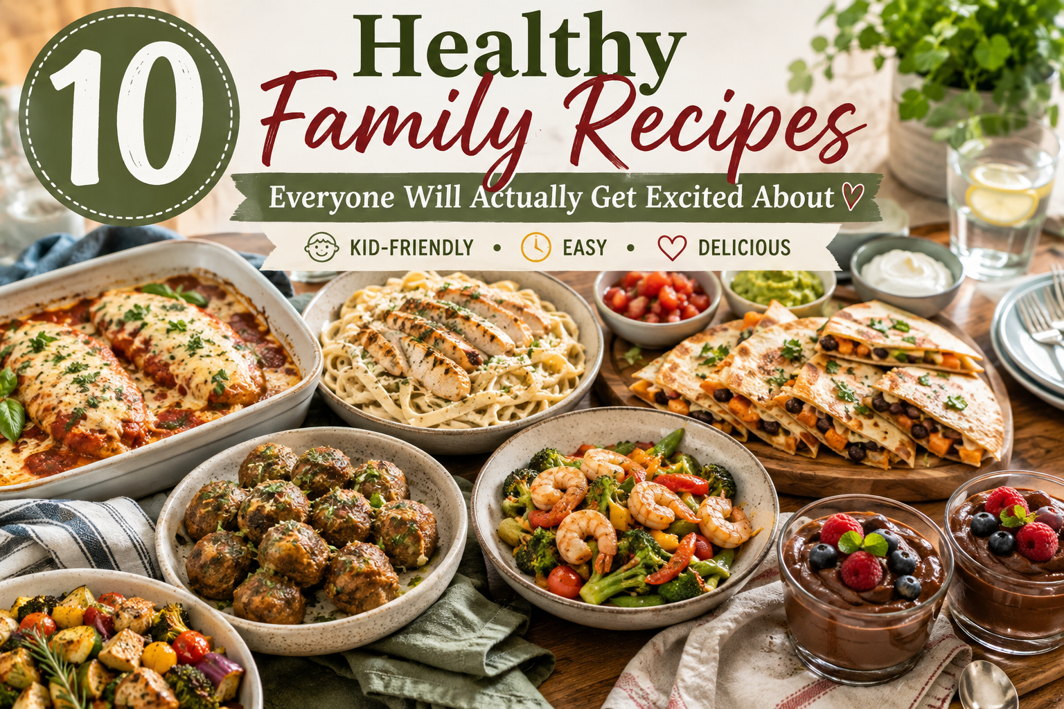 10 healthy family recipes including chicken pasta quesadillas meatballs and chocolate pudding