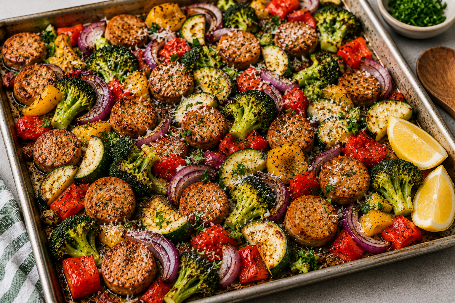 Healthy sheet pan sausage and vegetables with broccoli peppers and zucchini