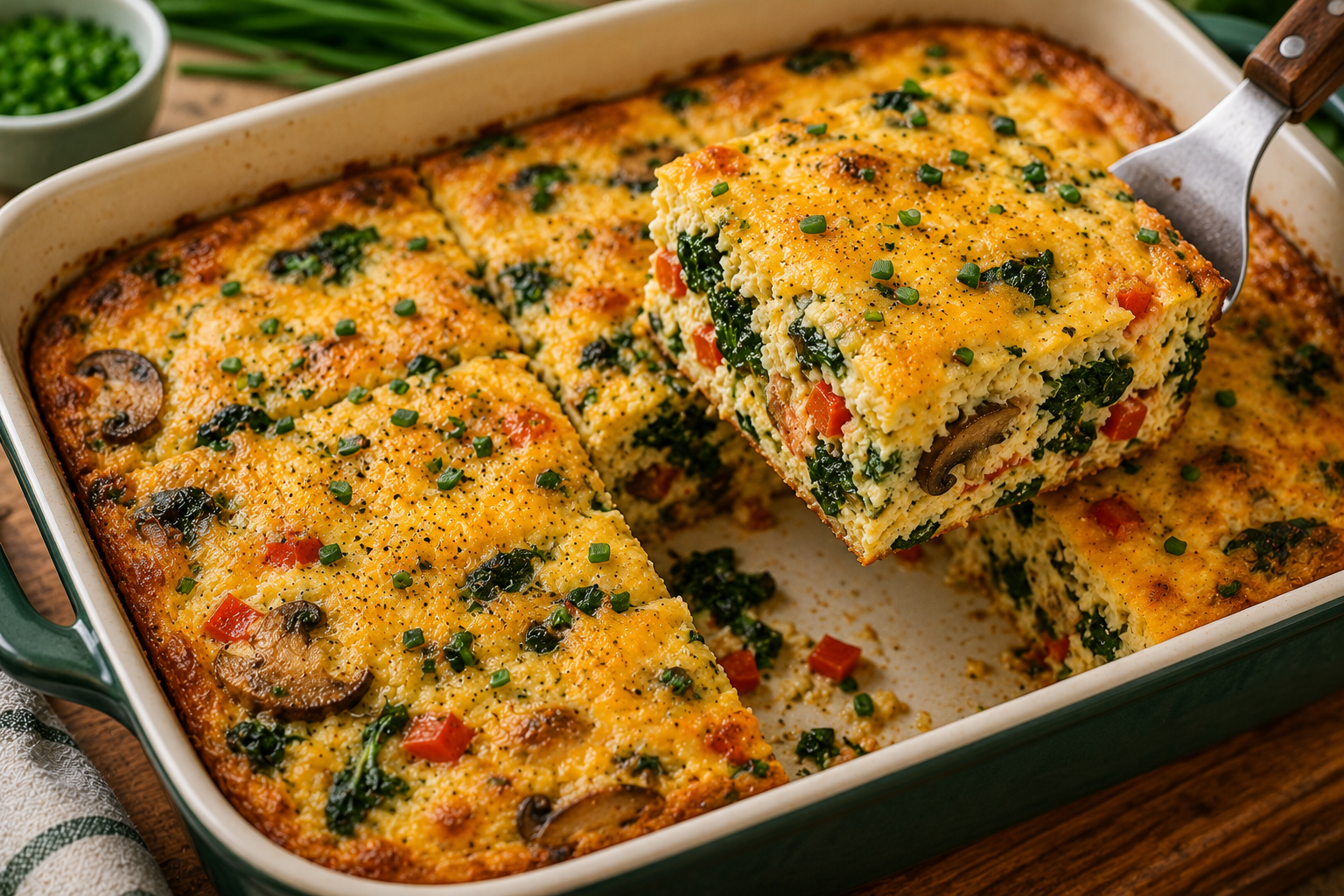 Healthy spinach and mushroom egg bake with cottage cheese