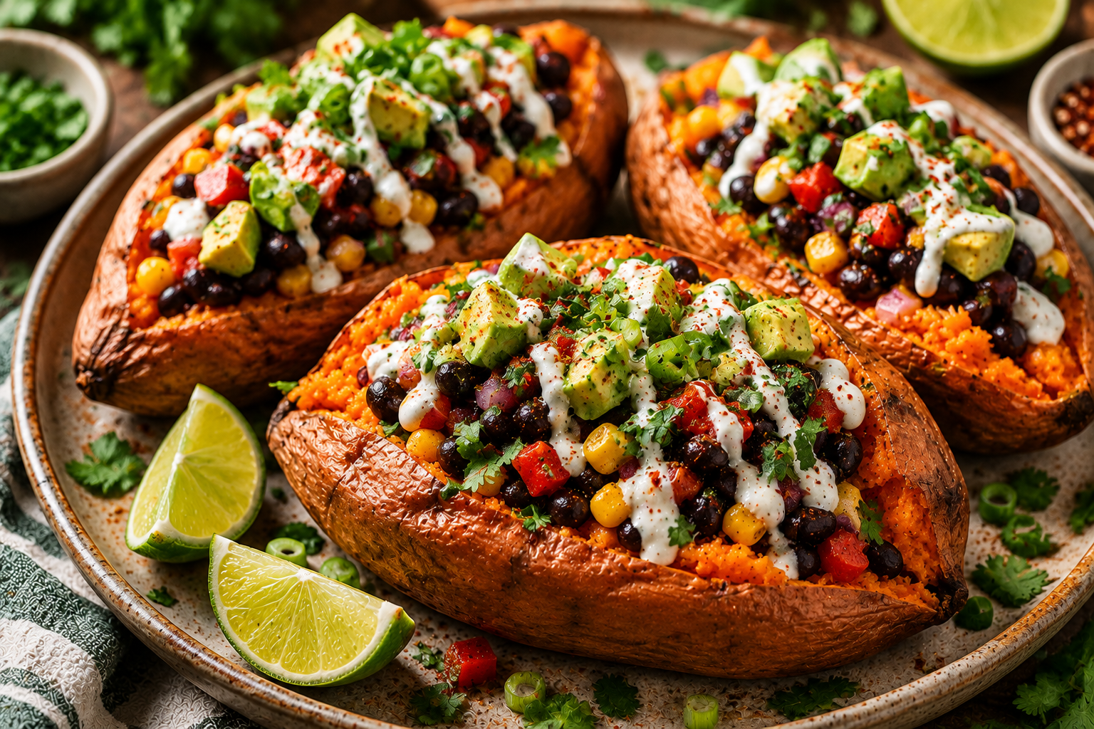 Healthy stuffed sweet potatoes with black beans avocado and lime yogurt sauce