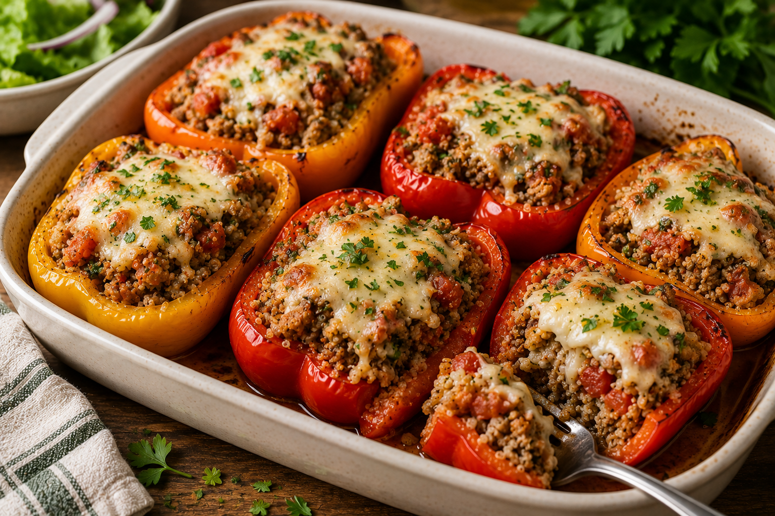 Healthy turkey and quinoa stuffed peppers with mozzarella