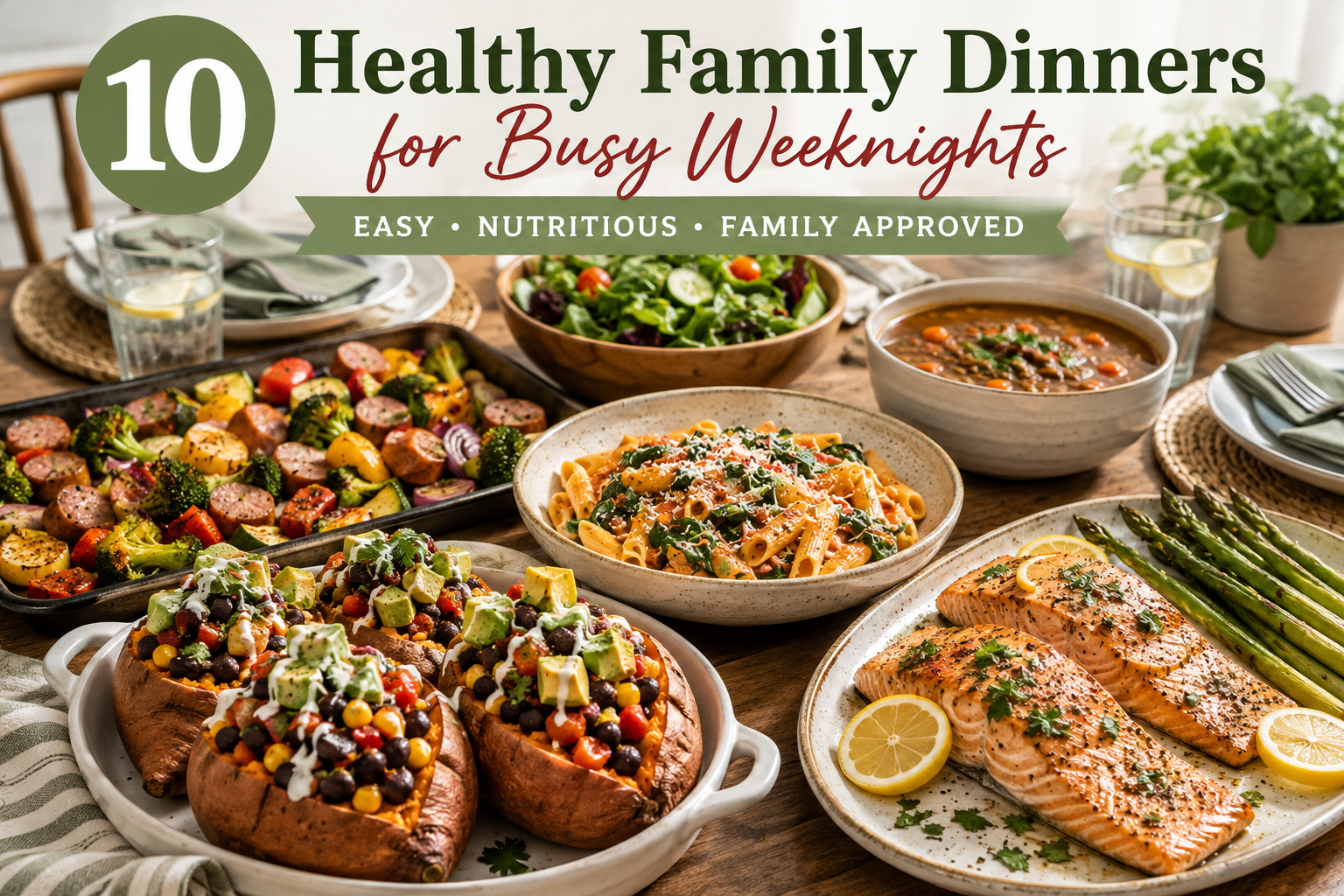 Healthy family dinners for busy weeknights with salmon pasta vegetables and stuffed sweet potatoes