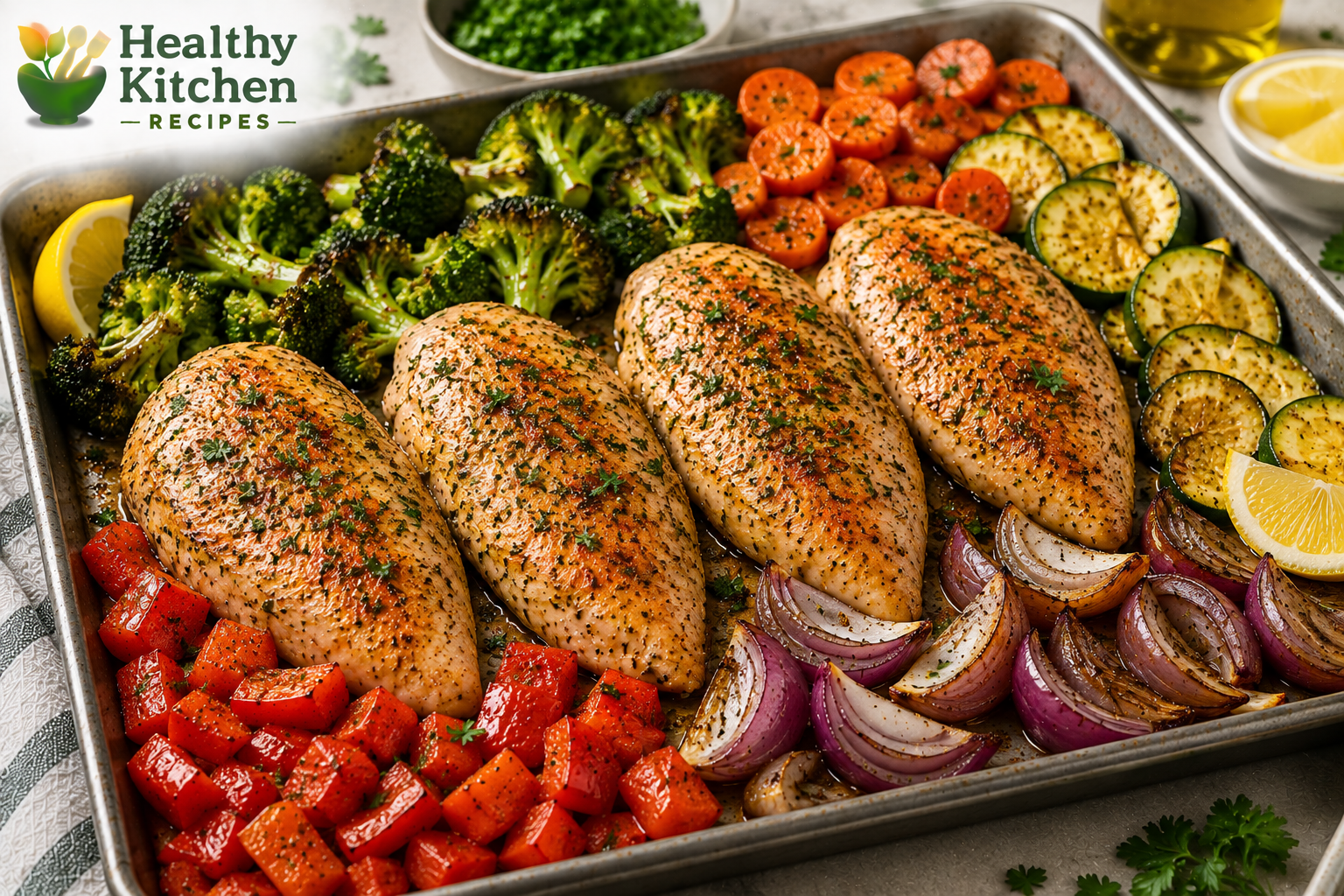 image of healthy one-pan chicken and vegetables,