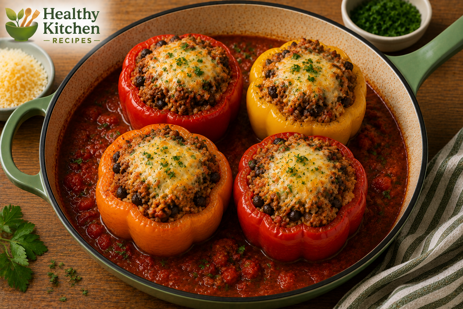 image of healthy stuffed bell peppers with tomato sauce,